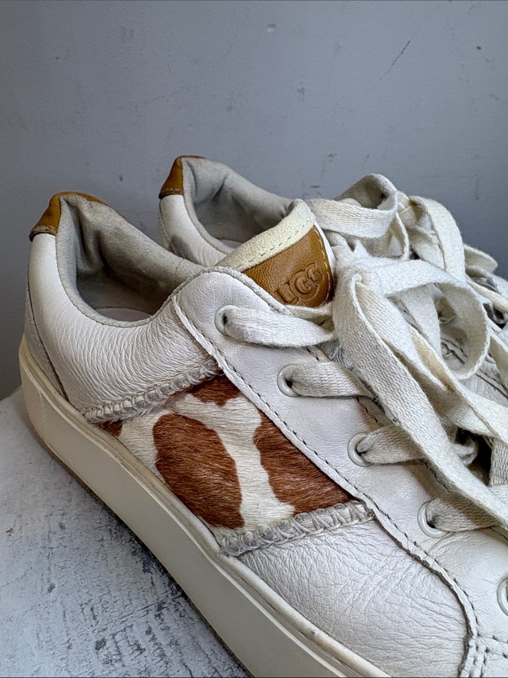 UGG Women's Dinale Cow Print Sneaker White Leather Caramel Calf Hair Tennis Shoe